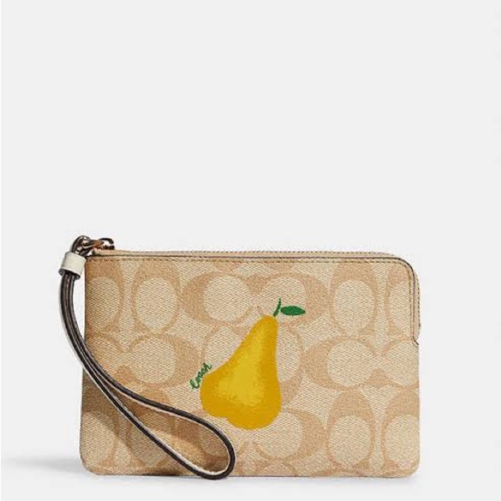 NWT Coach Tan Wristlet with Yellow Pear Design